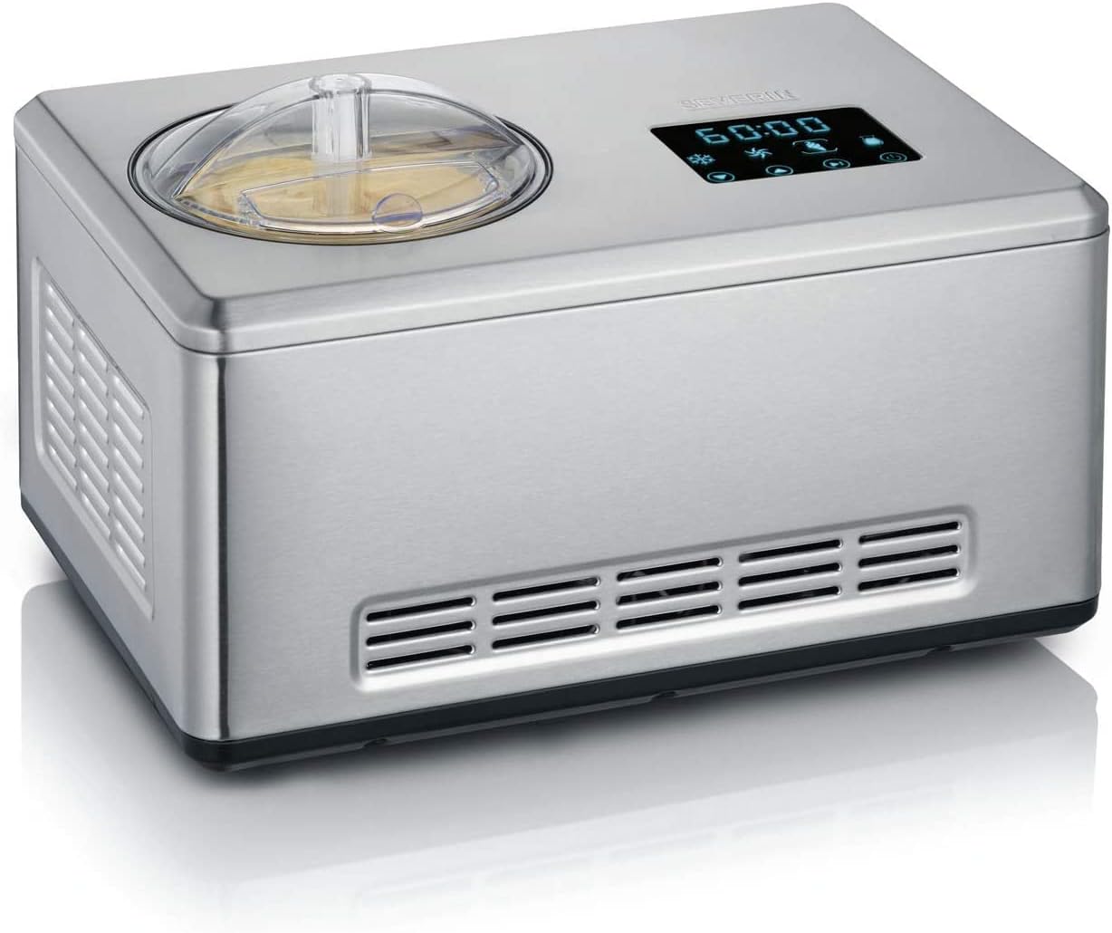 SEVERIN EZ 7405 2-in-1 Ice Cream Maker, Includes Ice Cream Container (2L) and Recipe Book, Digital Timer, Lid Open, Silver