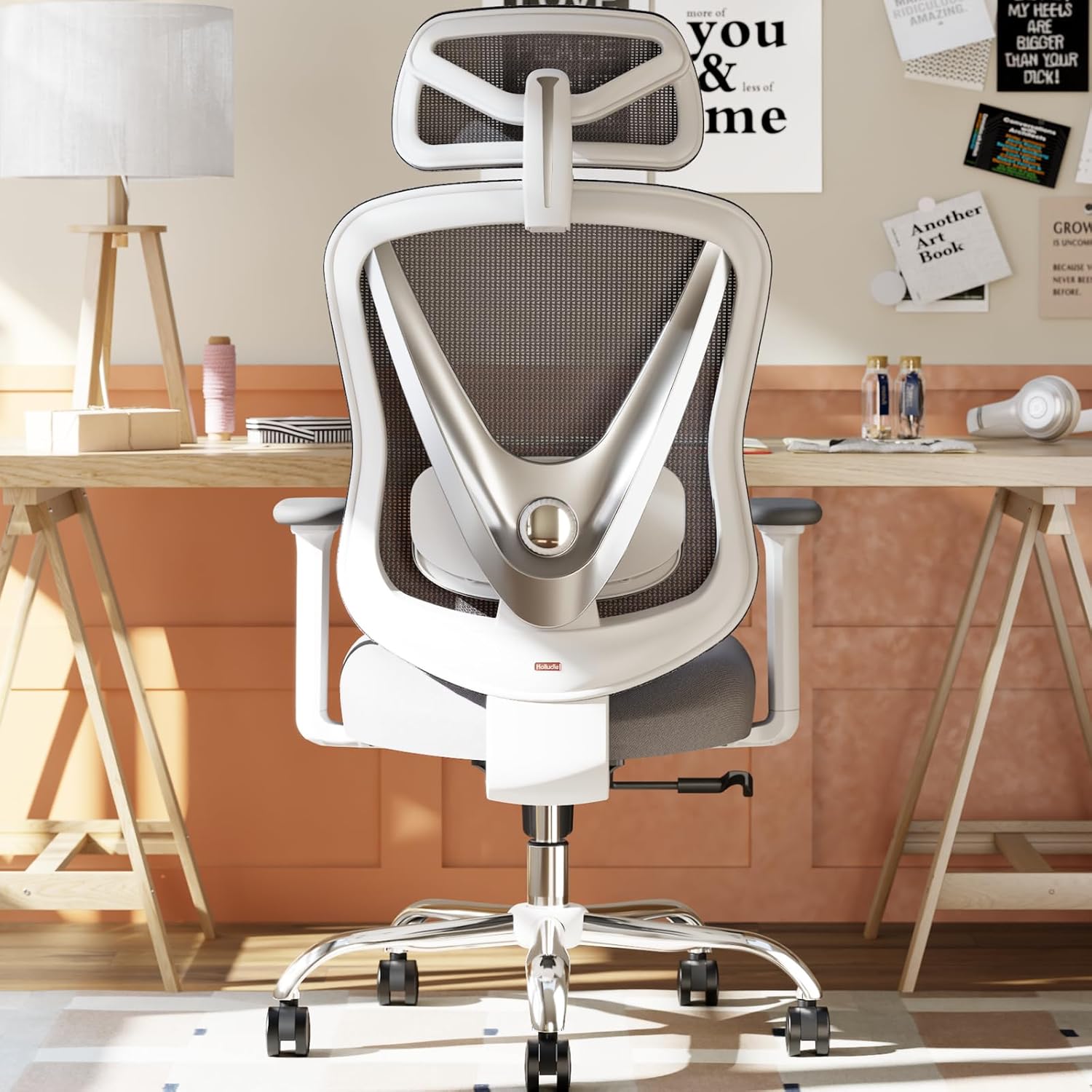 HOLLUDLE Chaise de Bureau Ergonomique avec Support Lombaire 3D & accoudoirs 3D réglables – Design en V du Dos, Fauteuil de Bureau Confortable pour Bureau et Maison, Blanc