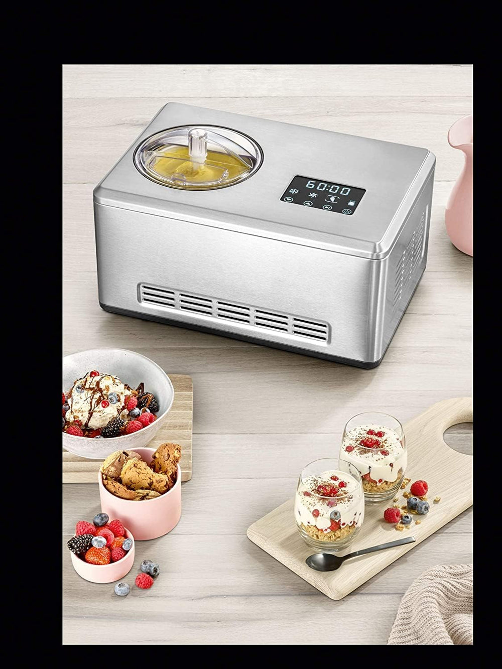 SEVERIN EZ 7405 2-in-1 Ice Cream Maker, Includes Ice Cream Container (2L) and Recipe Book, Digital Timer, Lid Open, Silver