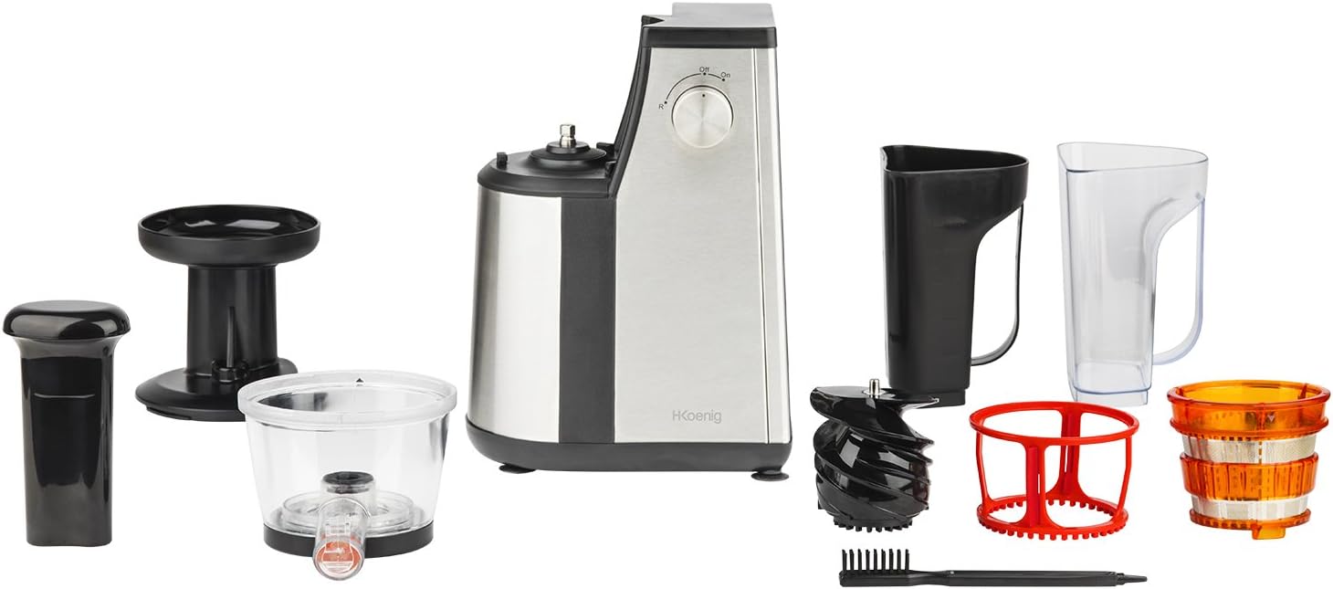 Extracteur de Jus de Fruits et Légumes vertical GSX24 H.Koenig Centrifugeuse Vitamin + sans BPA - 82 mm Large Bouche - 3 tamis pour jus fin ou épais et sorbet - Pression douce - 50 tours 400 W