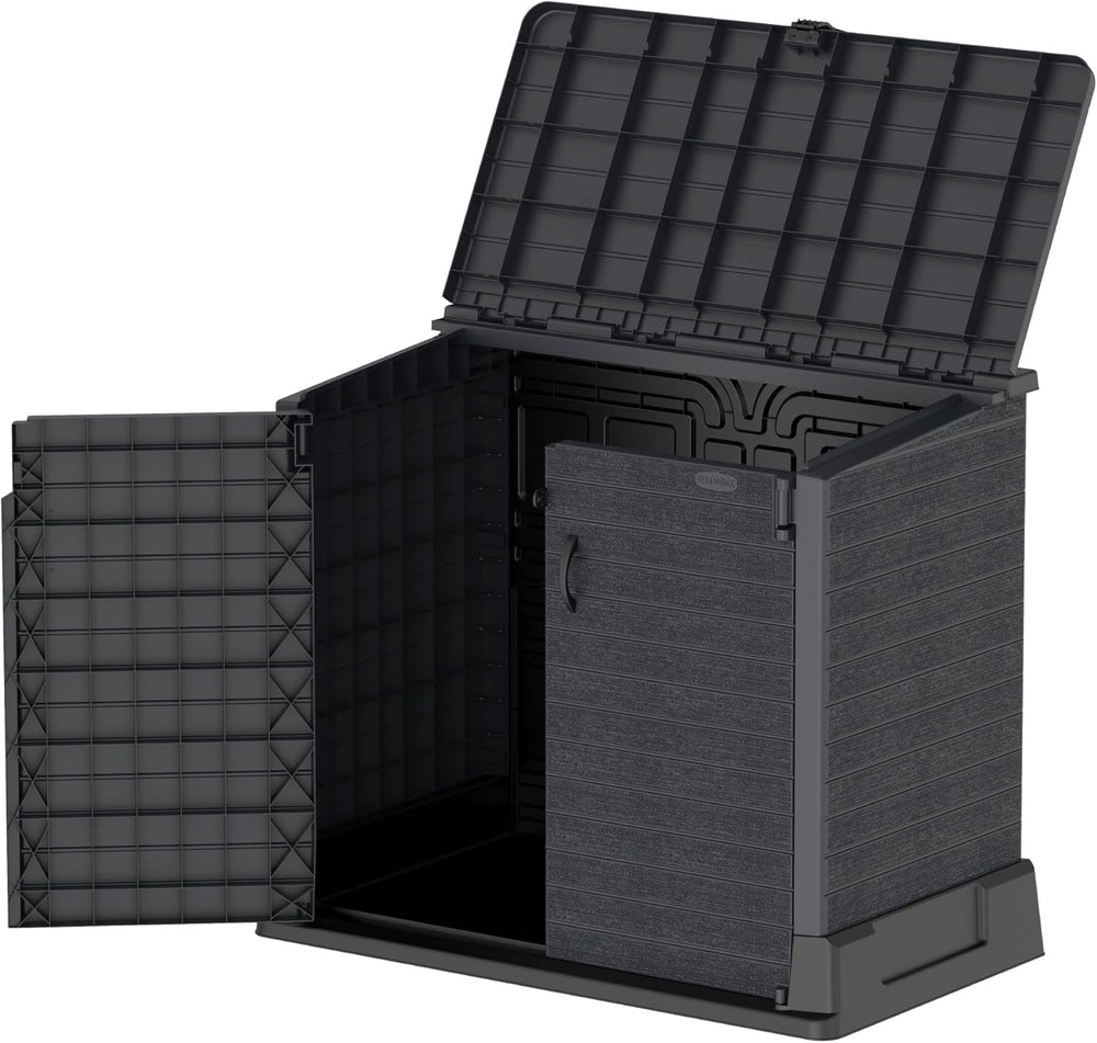 Duramax StoreAway 1200L Plastic Garden Shed/ Flat Lid, Outdoor Storage Shed, Wheelie Bin Hideaways, Wheelie bin box, Durable Construction, Ideal for Bikes, BBQs & 2x 240L Bins, 145x85x125 cm, Brown