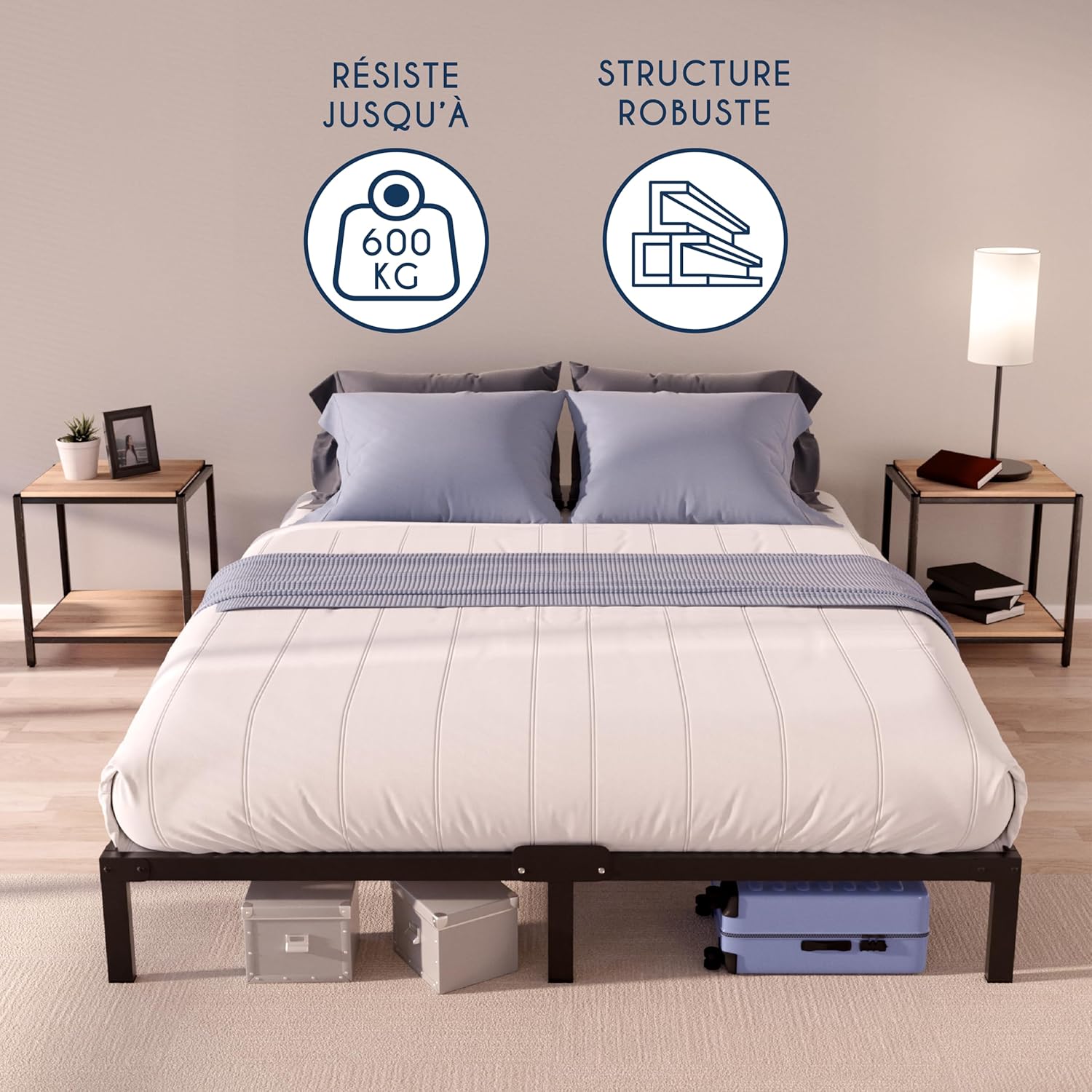 Dreamzie Cadre de Lit 160x200 avec Sommier - Sommier 160x200 avec Pieds - Hauteur de 35 cm - Structure Solide, Assemblage Facile et Espace de Rangement