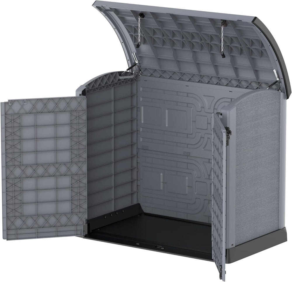 Duramax StoreAway 1200L Plastic Garden Shed/ Flat Lid, Outdoor Storage Shed, Wheelie Bin Hideaways, Wheelie bin box, Durable Construction, Ideal for Bikes, BBQs & 2x 240L Bins, 145x85x125 cm, Brown