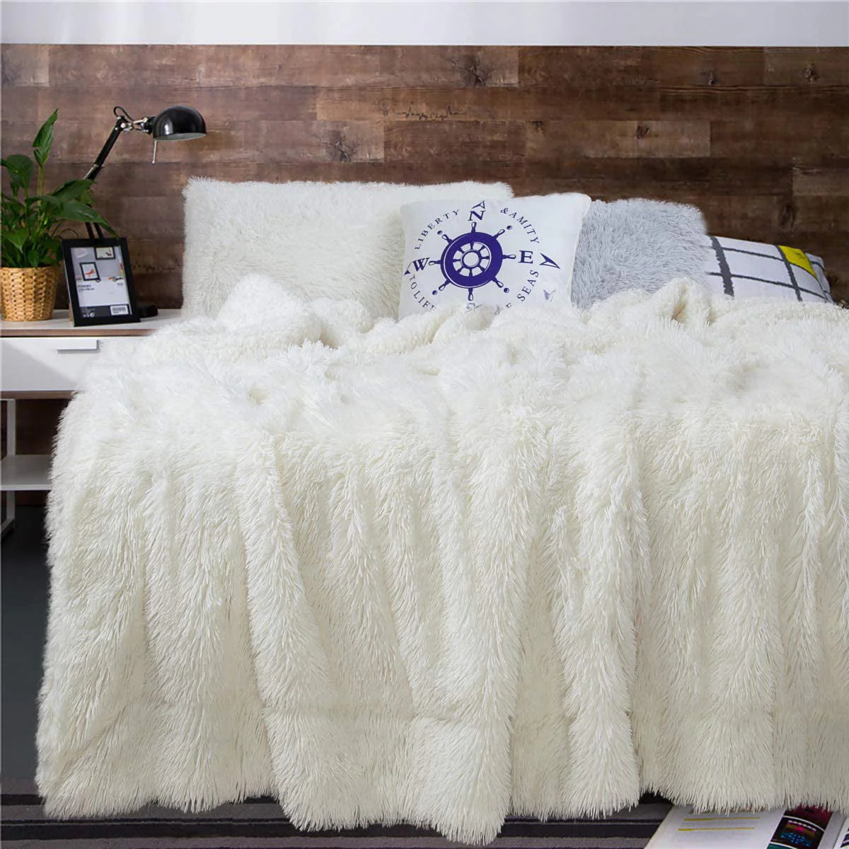 Junovo Super Soft Throw Blanket for Bed, Fluffy Cozy Plush Light Blanket, Washable Warm Furry Throw Blanket for Couch Sofa Chair Home Decor, 50"x60", Cream White