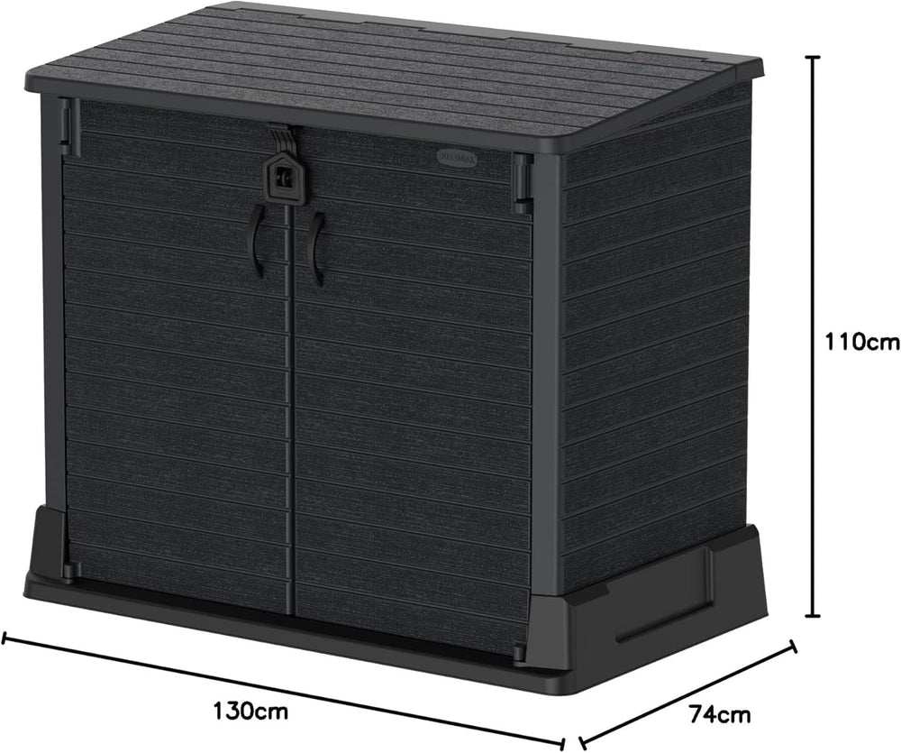 Duramax StoreAway 1200L Plastic Garden Shed/ Flat Lid, Outdoor Storage Shed, Wheelie Bin Hideaways, Wheelie bin box, Durable Construction, Ideal for Bikes, BBQs & 2x 240L Bins, 145x85x125 cm, Brown