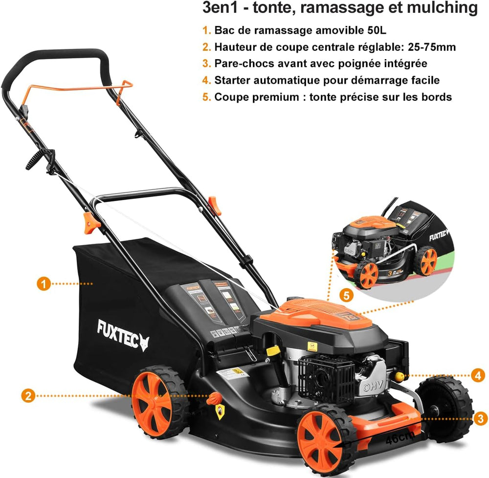 FUXTEC Tondeuse thermique pousse FX-RM4646ECO - Tres bon rapport qualit-prix - Easy Clean 3en1 largeur de coupe 46cm - bac de ramassage 50L