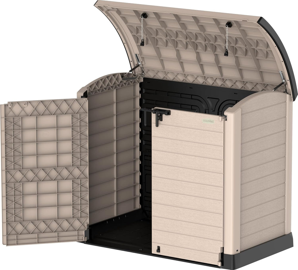 Duramax StoreAway 1200L Plastic Garden Shed/ Flat Lid, Outdoor Storage Shed, Wheelie Bin Hideaways, Wheelie bin box, Durable Construction, Ideal for Bikes, BBQs & 2x 240L Bins, 145x85x125 cm, Brown