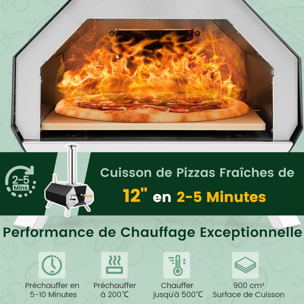 Four  Pizza Extrieur en Acier Inoxydable avec Pierre  Pizza de 30,5cm Four  Bois pour Pizza avec Pelle Pare-feu Pieds Pliables -
