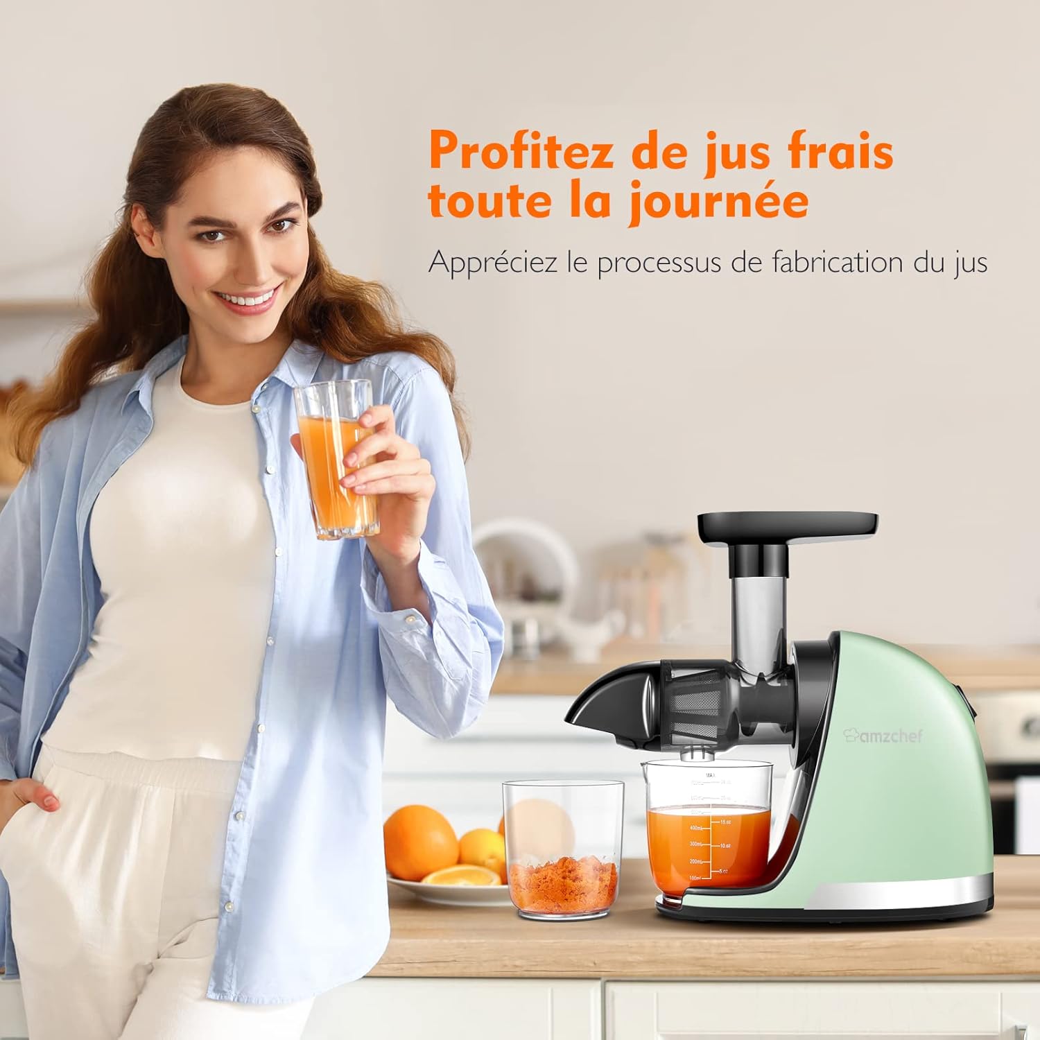 AMZCHEF Extracteur Jus - Extracteur de Jus de Fruits et Légumes - Presses-agrumes à Froid sans BPA avec 2 Tasses et Brosse - Fonction de Mastication Inversée pour Éviter les Blocages - Argent