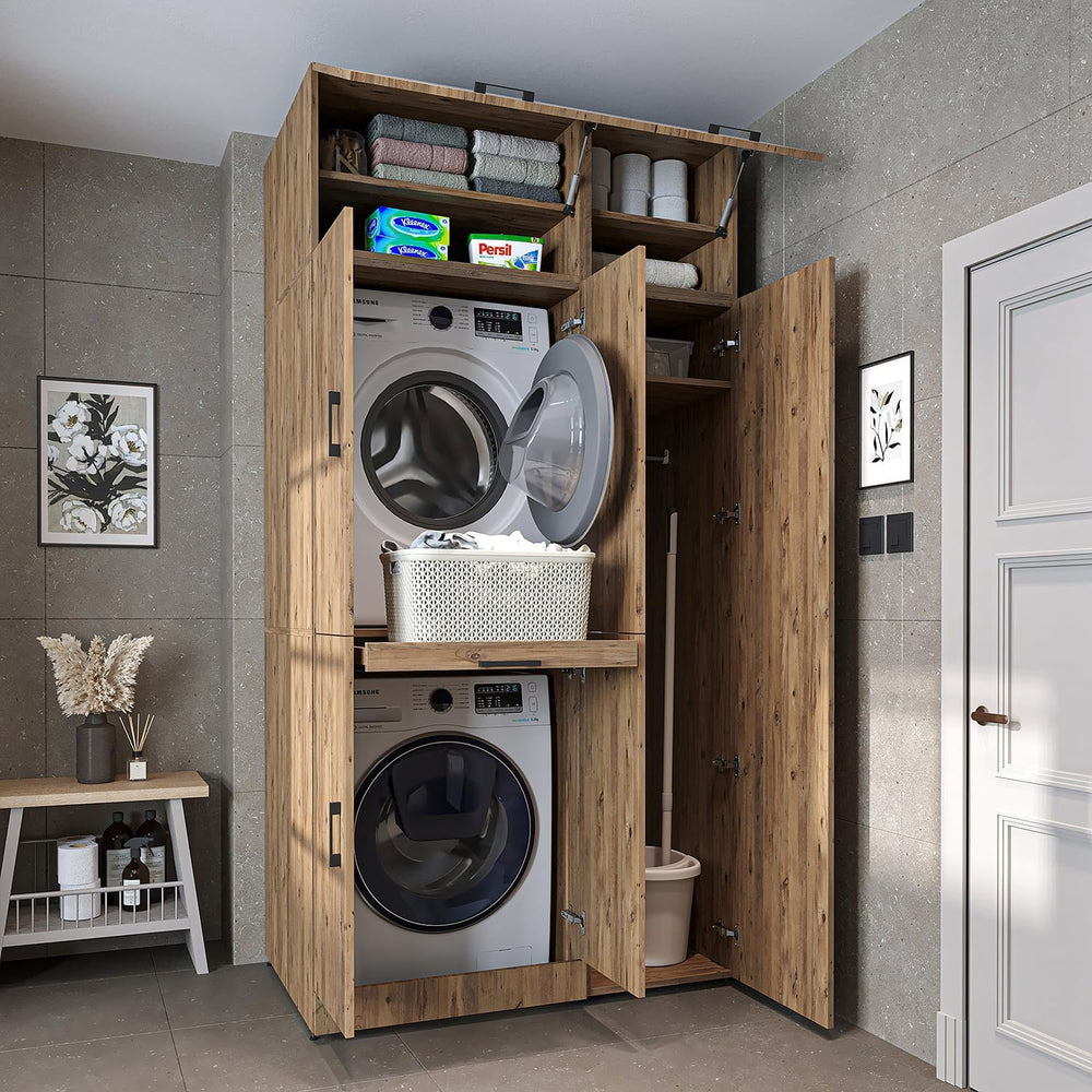 ROOMART Dora - Armoire de machine à laver - Pour sèche-linge et machine à laver - En 4 couleurs - Avec portes et panneau coulissant - Blanc - Chêne blanc - Chêne anthracite - Chêne blanc (chêne blanc)