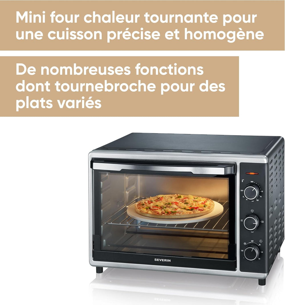 SEVERIN Mini-Four à chaleur tournante 42 L avec pierre à pizza et tournebroche, Four posable 1 800 W design élégant, électrique avec minuteur 120 min, Noir/Inox, TO 2058