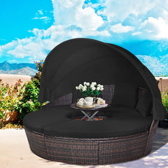Lit de Jardin Rond d'Exterieur Table Relevable Modulable & Convertible - Pare Soleil Réglable rotin PE Coussins Inclus Noir