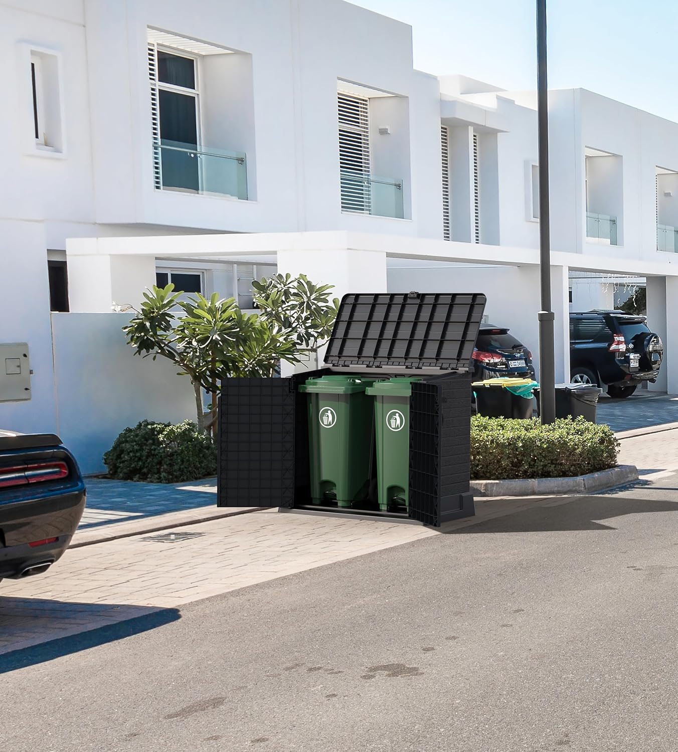 Duramax StoreAway 1200L Plastic Garden Shed/ Flat Lid, Outdoor Storage Shed, Wheelie Bin Hideaways, Wheelie bin box, Durable Construction, Ideal for Bikes, BBQs & 2x 240L Bins, 145x85x125 cm, Brown