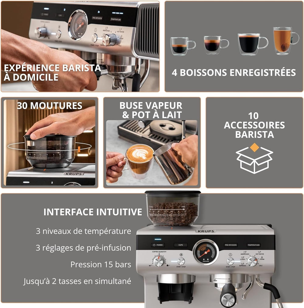 Krups Virtuoso+, Machine expresso, Machine a cafe à pompe, expresso machine a cafe moulu ou dosettes, 15 bars, Inox, Buse vapeur, Espresso et cappuccino, XP444G10