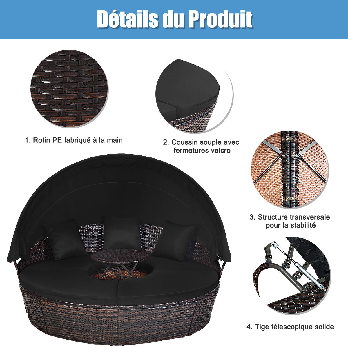 Lit de Jardin Rond d'Exterieur Table Relevable Modulable & Convertible - Pare Soleil Réglable rotin PE Coussins Inclus Noir