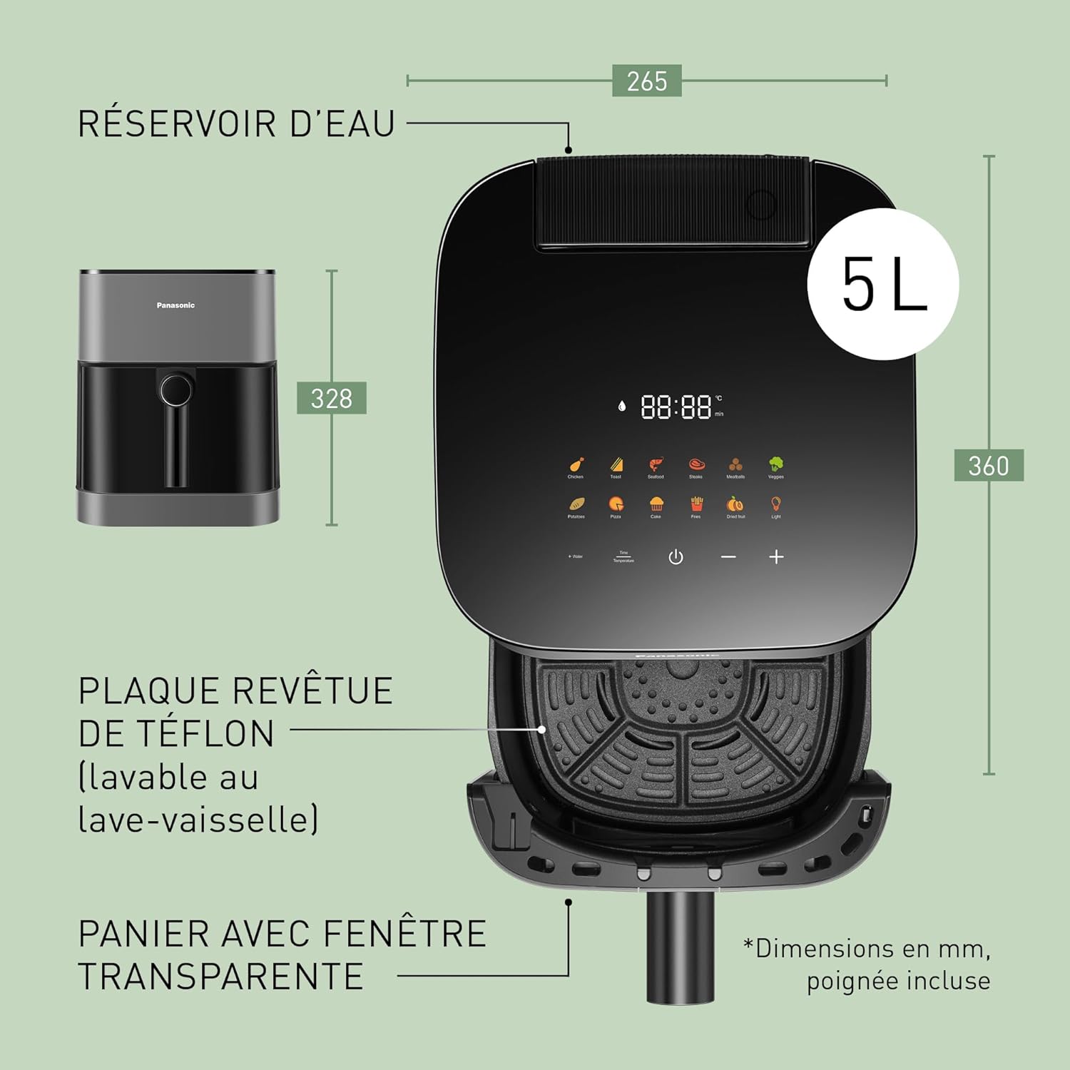 Panasonic NF-CC500SXE AirFryer Friteuse sans huile avec Hublot, 5L, 80-200°C, Minuterie Numérique et Écran LCD, Vapeur Douce, 11 Préréglages, Nettoyage Facile, Gris Mat