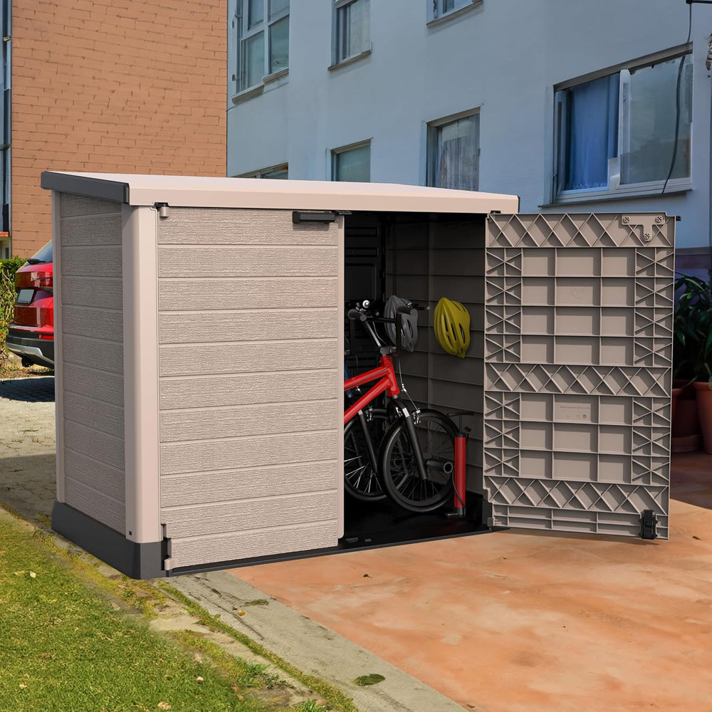 Duramax StoreAway 1200L Plastic Garden Shed/ Flat Lid, Outdoor Storage Shed, Wheelie Bin Hideaways, Wheelie bin box, Durable Construction, Ideal for Bikes, BBQs & 2x 240L Bins, 145x85x125 cm, Brown