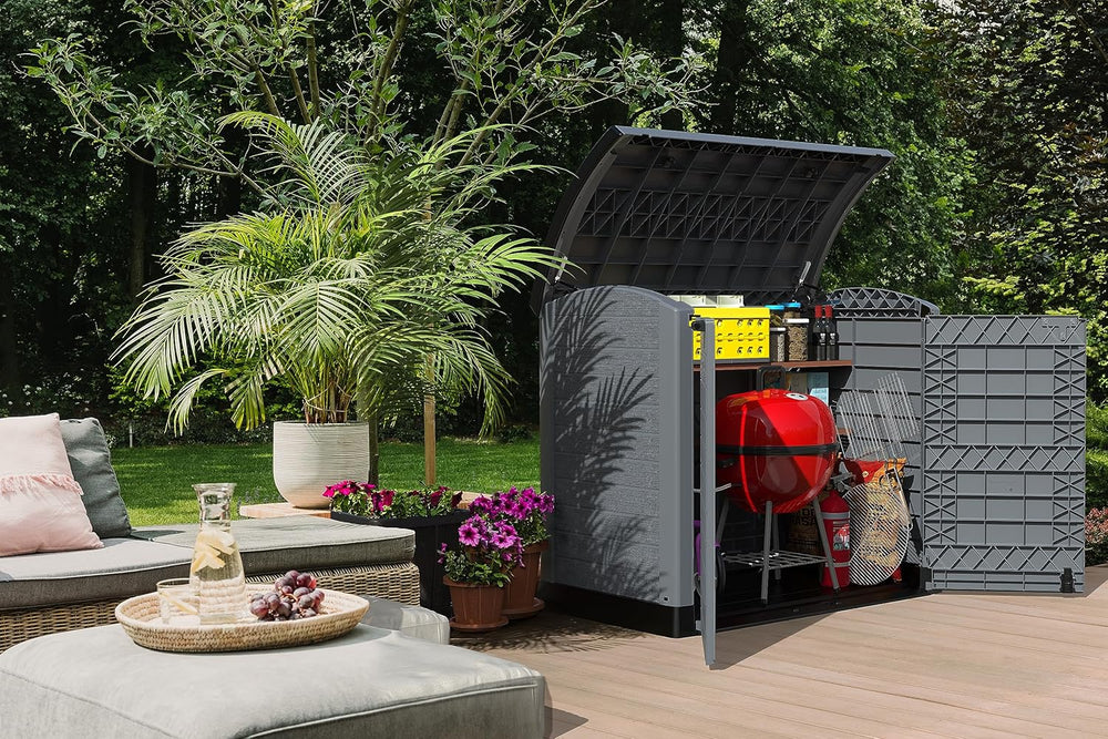 Duramax StoreAway 1200L Plastic Garden Shed/ Flat Lid, Outdoor Storage Shed, Wheelie Bin Hideaways, Wheelie bin box, Durable Construction, Ideal for Bikes, BBQs & 2x 240L Bins, 145x85x125 cm, Brown