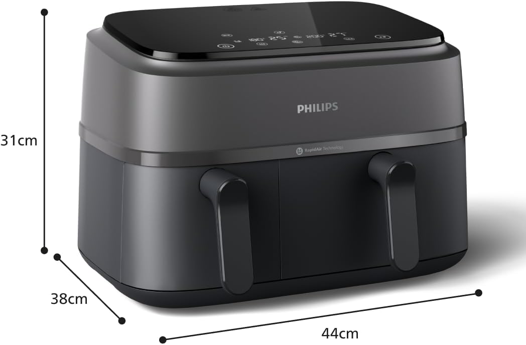 Philips Air Fryer 3000 Series Double Basket - Healthy, Fast and Versatile Cooking, 9 Litre Capacity, Touch Screen, Two Drawer Design (NA350/00)