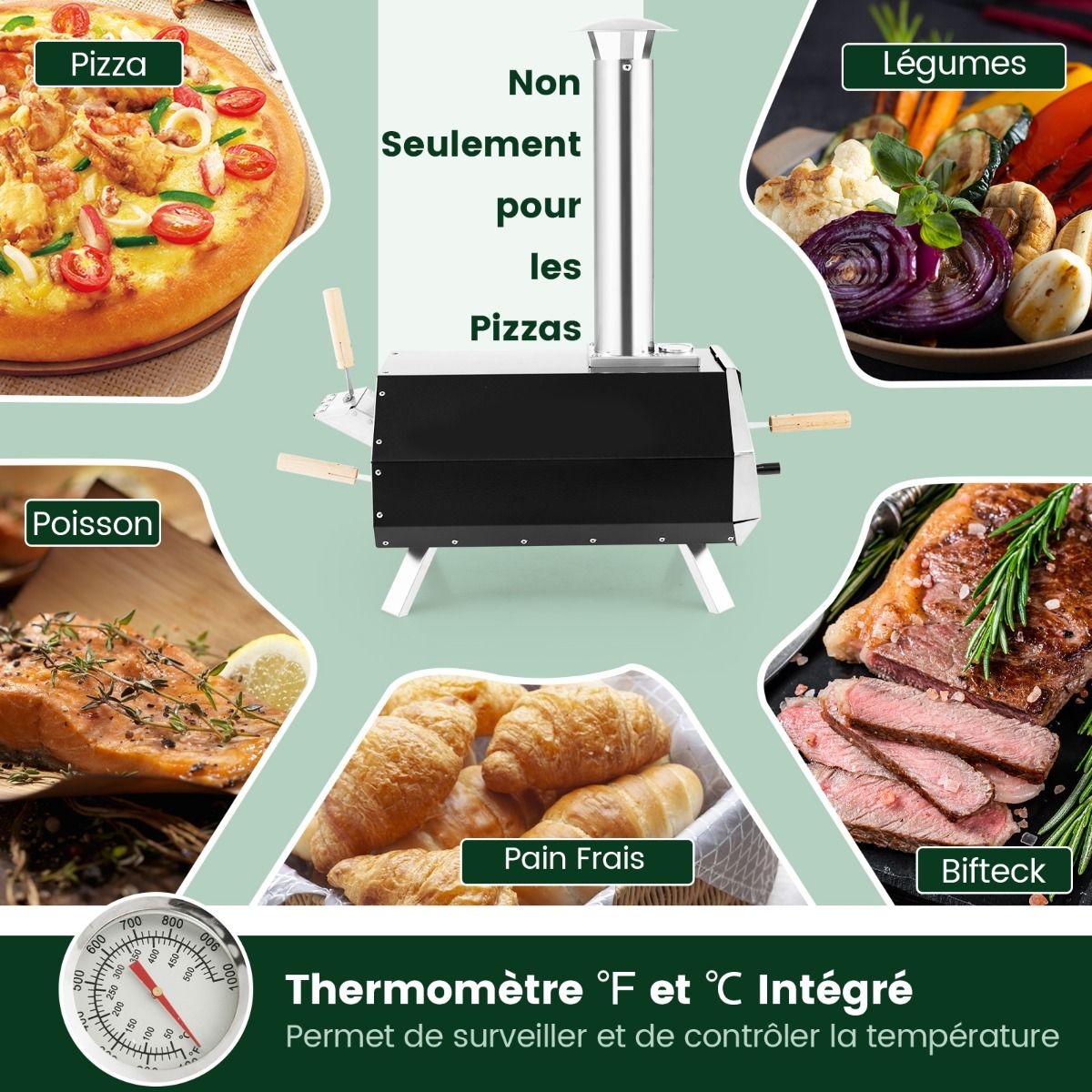 Four à Pizza Extérieur en Acier Inoxydable avec Pierre à Pizza de 30,5cm Four à Bois pour Pizza avec Pelle Pare-feu Pieds Pliables