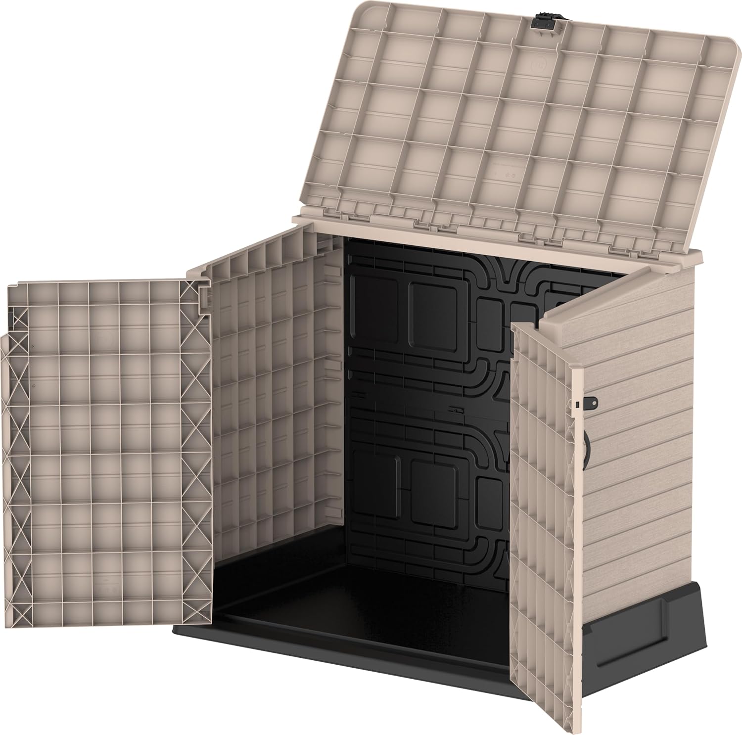 Duramax StoreAway 1200L Plastic Garden Shed/ Flat Lid, Outdoor Storage Shed, Wheelie Bin Hideaways, Wheelie bin box, Durable Construction, Ideal for Bikes, BBQs & 2x 240L Bins, 145x85x125 cm, Brown