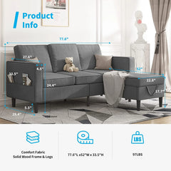 Mjkone Convertible Sectional Sofa Couch, L - Shaped Couch with Storage Ottoman, Couches for Living Room, Living Room Furniture Suitable for Small Space - Apartment/Upstairs Loft/Living Room (Dark Gray)
